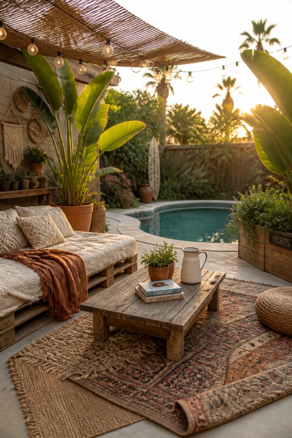 An outdoor pool patio featuring a pallet daybed with cushions and a throw, a low wooden table on layered rugs, string lights overhead, and potted plants near the pool.