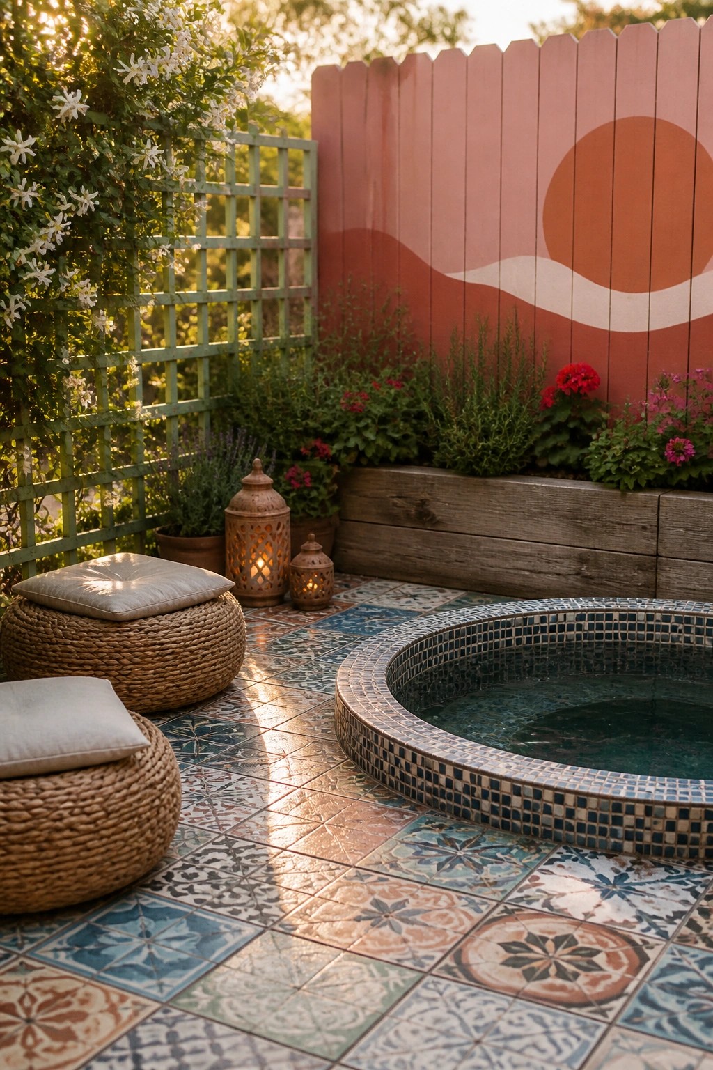 A small round pool with a mosaic tile border sits on a patio covered in multicolored patterned tiles, next to woven seating and a pink fence with a mural.