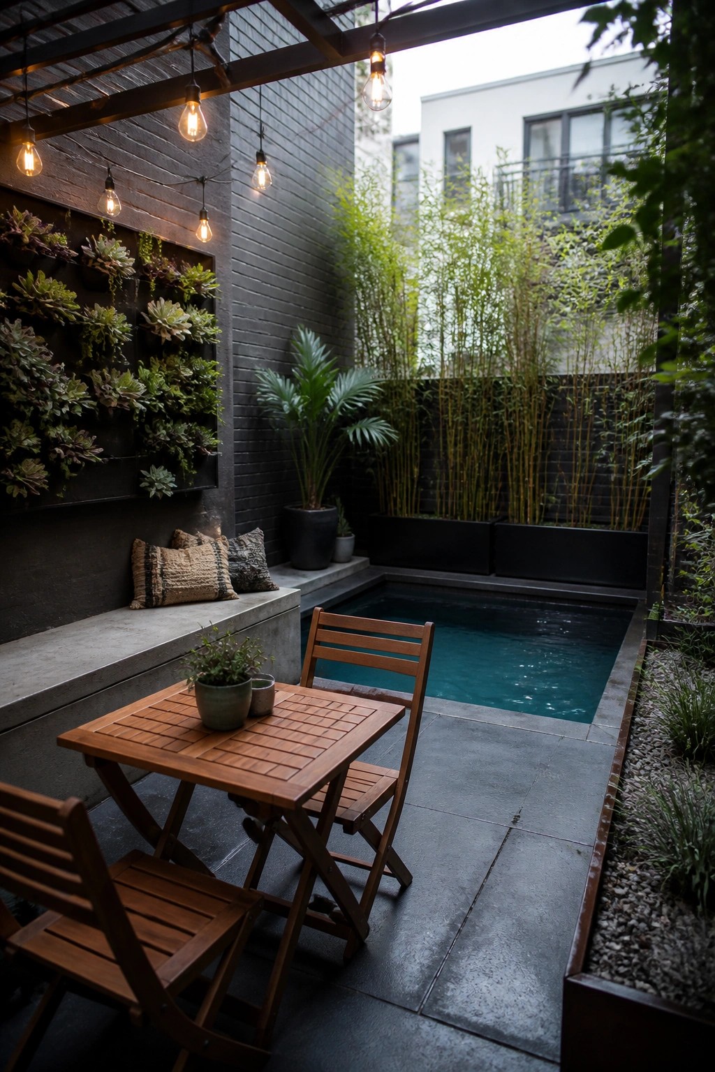 A compact courtyard pool with wooden dining chairs and table, a vertical succulent wall, built-in bench seating, and string lights hanging overhead.