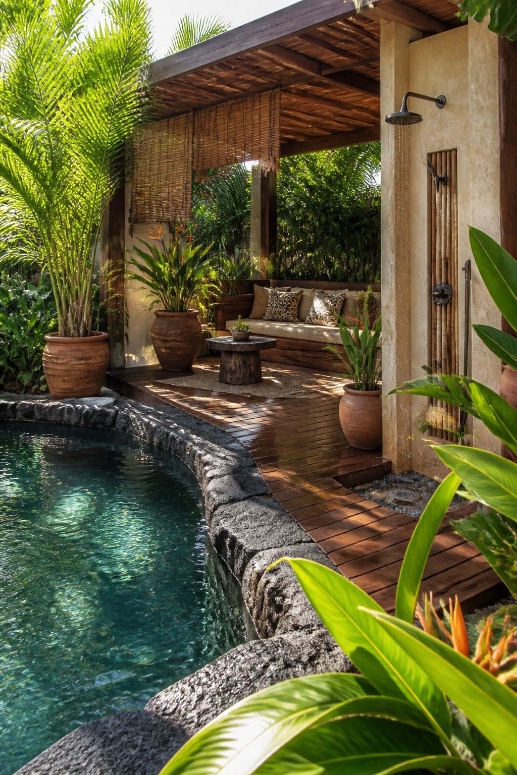 A curved wooden deck borders a stone-edged pool with a covered seating area and an outdoor shower on a stucco wall.