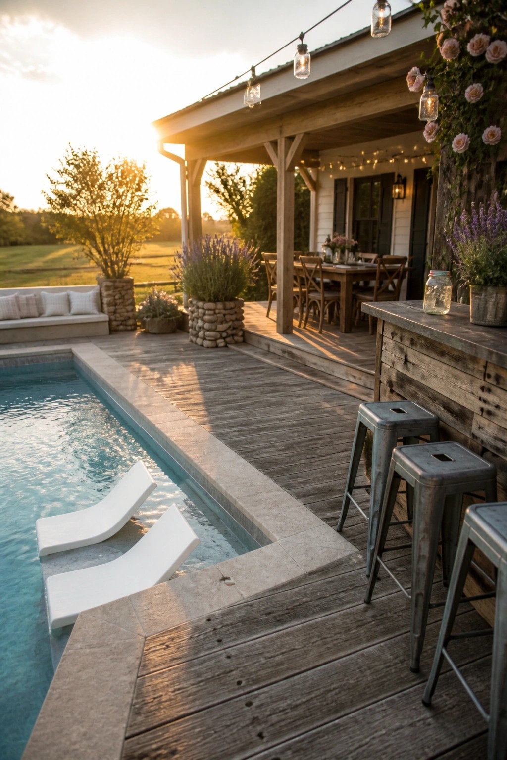 A rectangular pool with white in-water loungers sits beside a long wooden deck lined with metal stools and a covered porch area with string lights.