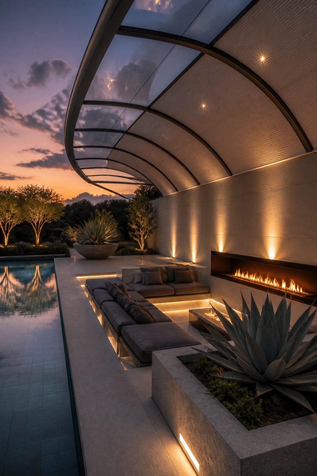 An outdoor poolside lounge with a large curved glass awning overhead, built-in seating, a linear fireplace, and agave plants in concrete planters at dusk.