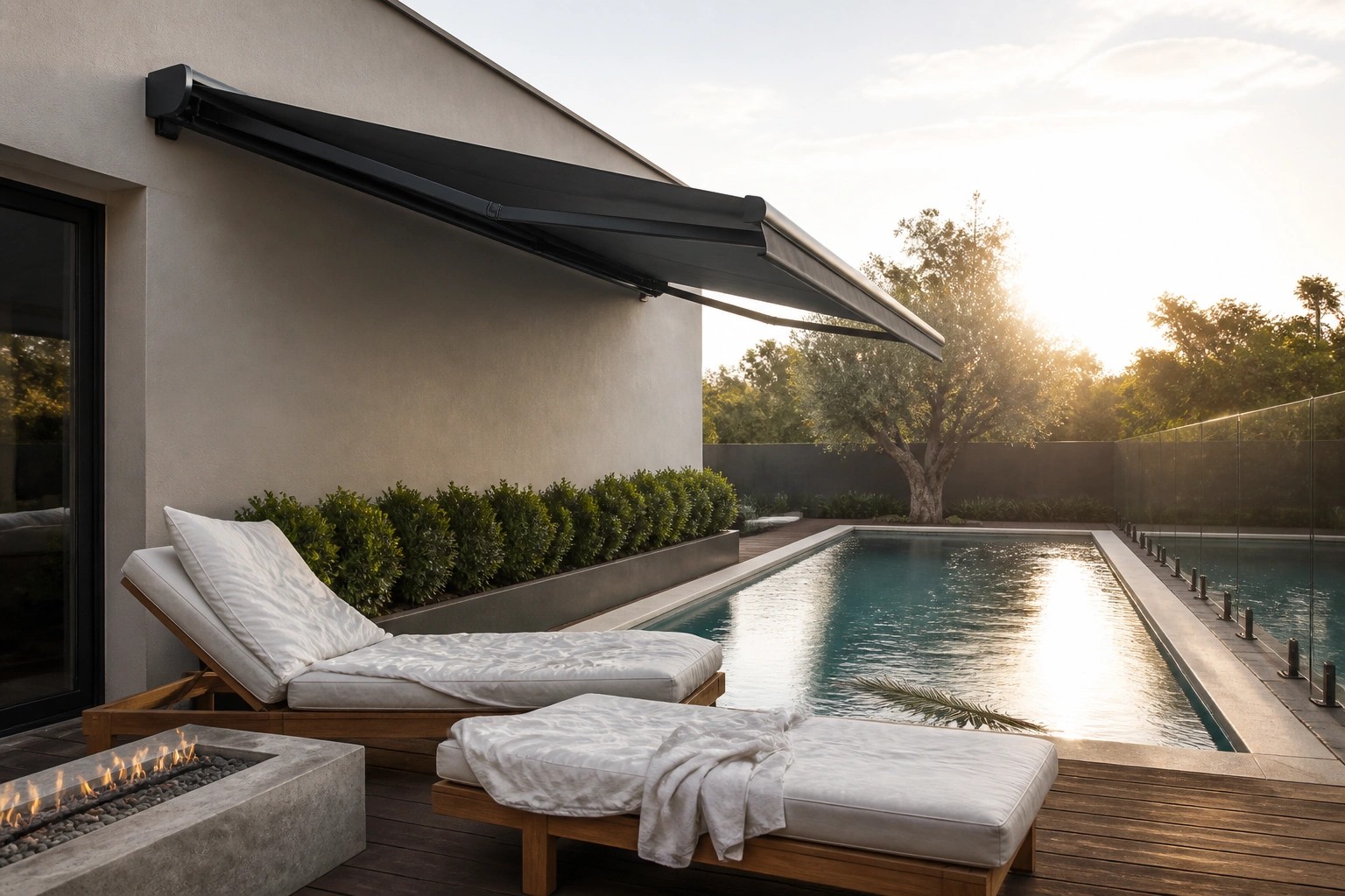18 Elegant Pool Awning Ideas for Flexible Shade and Sun Control Modern house exterior with a large dark retractable awning extended over a wooden deck beside a long swimming pool, two lounge chairs with white cushions, and a concrete fire pit in the foreground.
