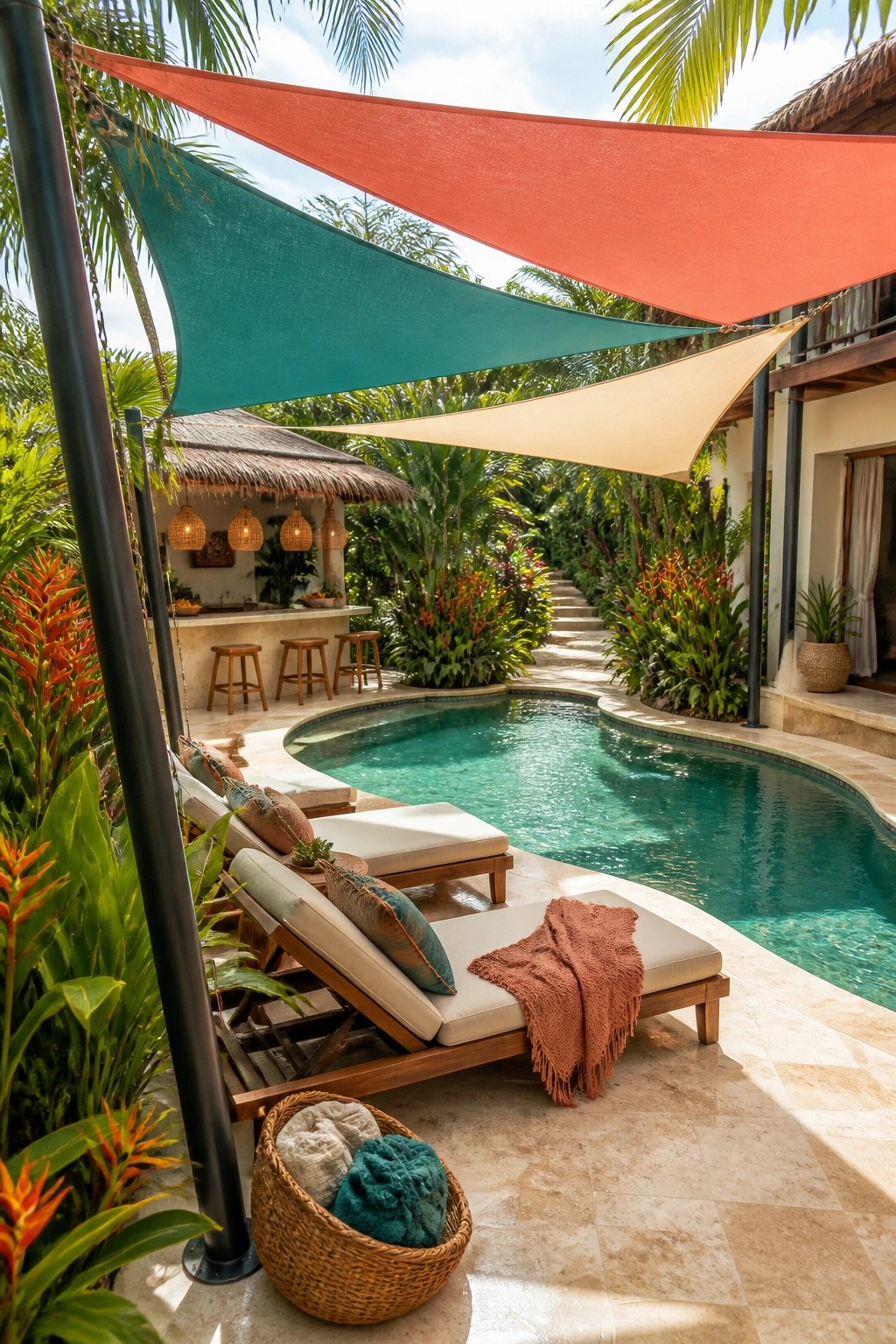 A curved pool with wooden lounge chairs beneath overlapping red, teal, and beige triangular shade sails, surrounded by tropical plants and a thatched bar area.