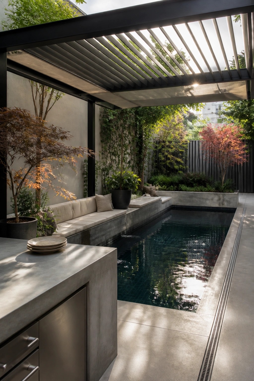 An outdoor pool area with a black louvered pergola overhead, concrete bench seating, and potted trees along the edge.