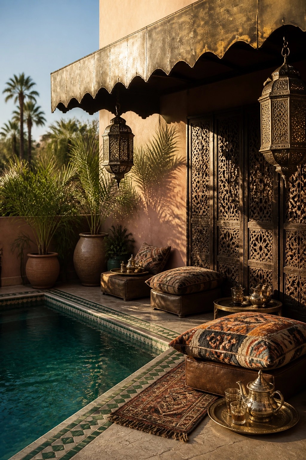 A swimming pool with green tiled edging next to a shaded seating area featuring leather ottomans with patterned cushions, brass lanterns, and a scalloped metal awning.