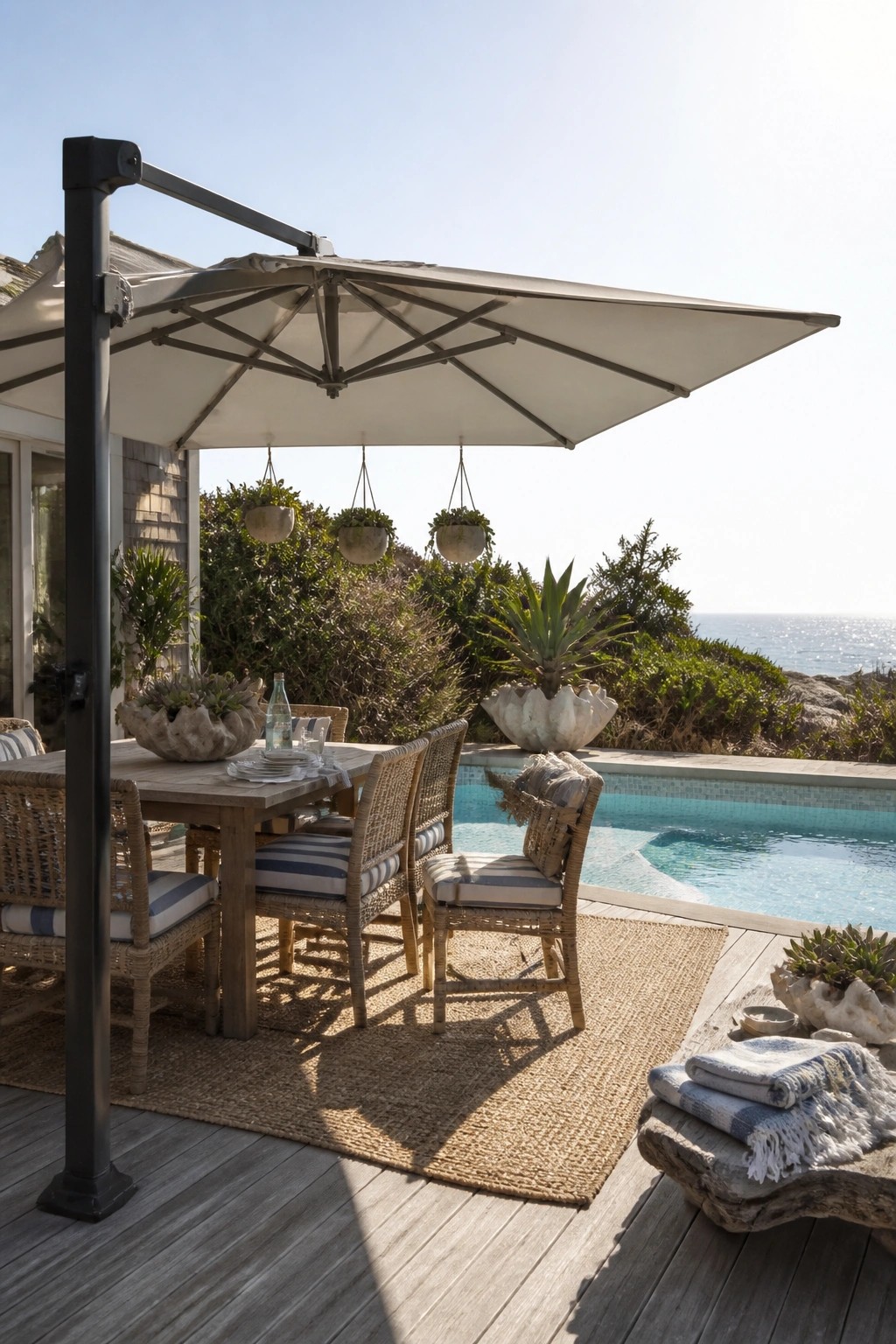 A large offset patio umbrella shades a wooden dining table with woven chairs on a deck beside a swimming pool, with ocean and greenery in the background.