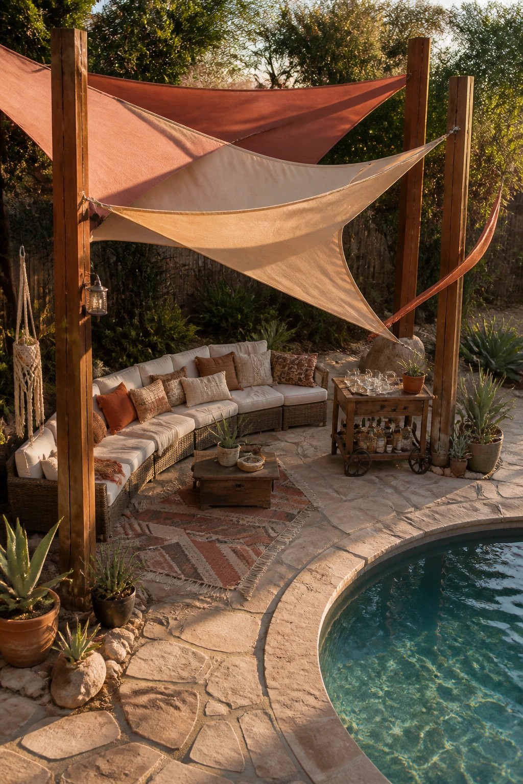 An outdoor poolside patio with overlapping terracotta and beige fabric shade sails stretched between wooden posts above a curved wicker sofa and stone flooring.