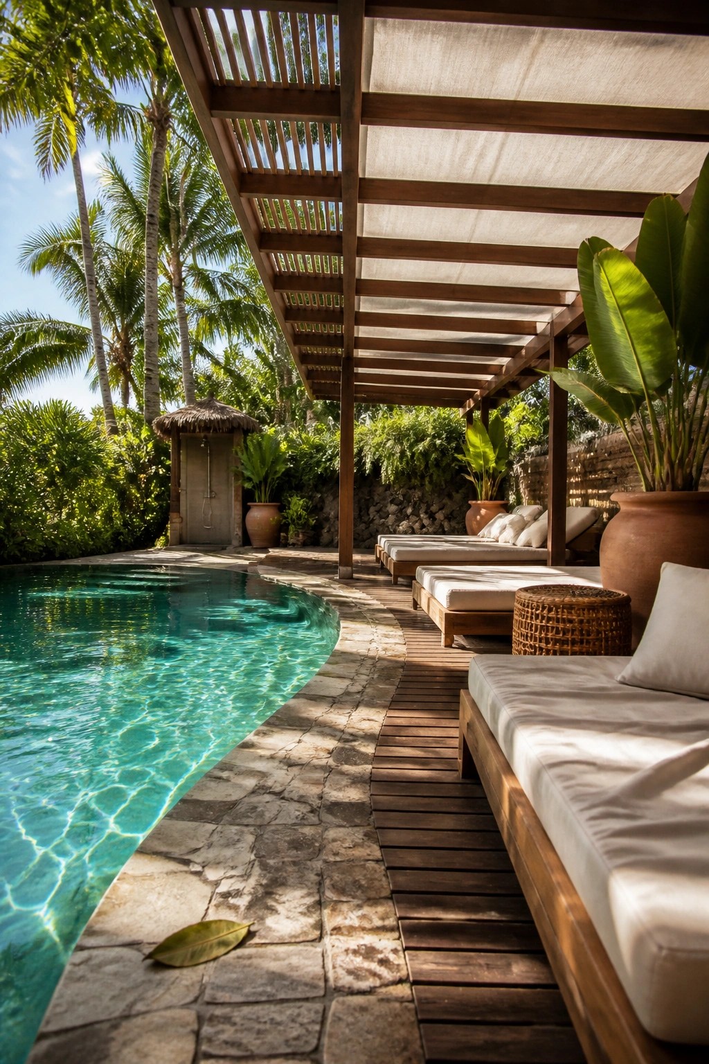 Luxurious poolside with wooden lounge chairs under shaded pergola amid palm trees and greenery