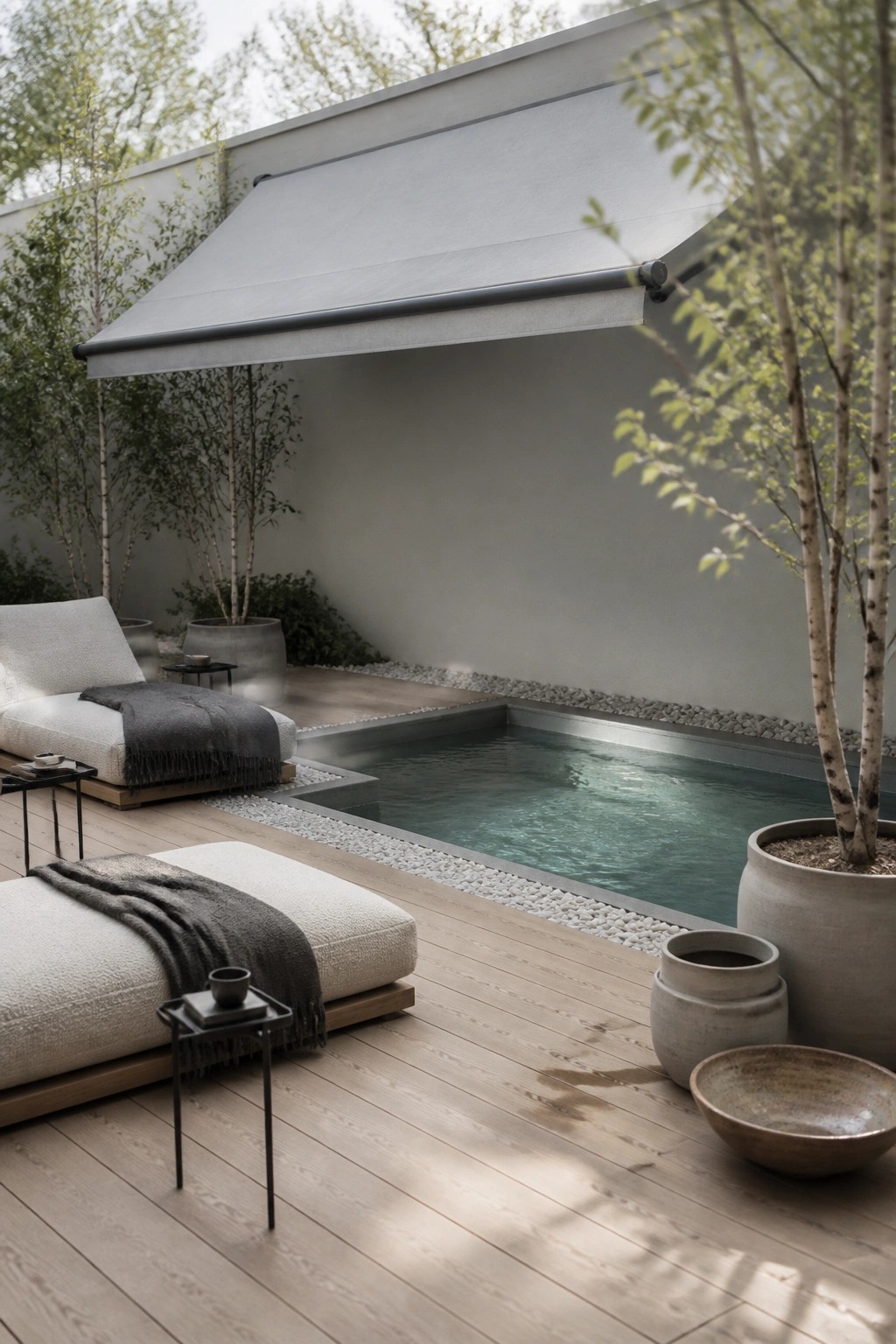 A modern outdoor pool area with a large gray retractable awning extended over a wooden deck lined with lounge chairs and large ceramic pots.