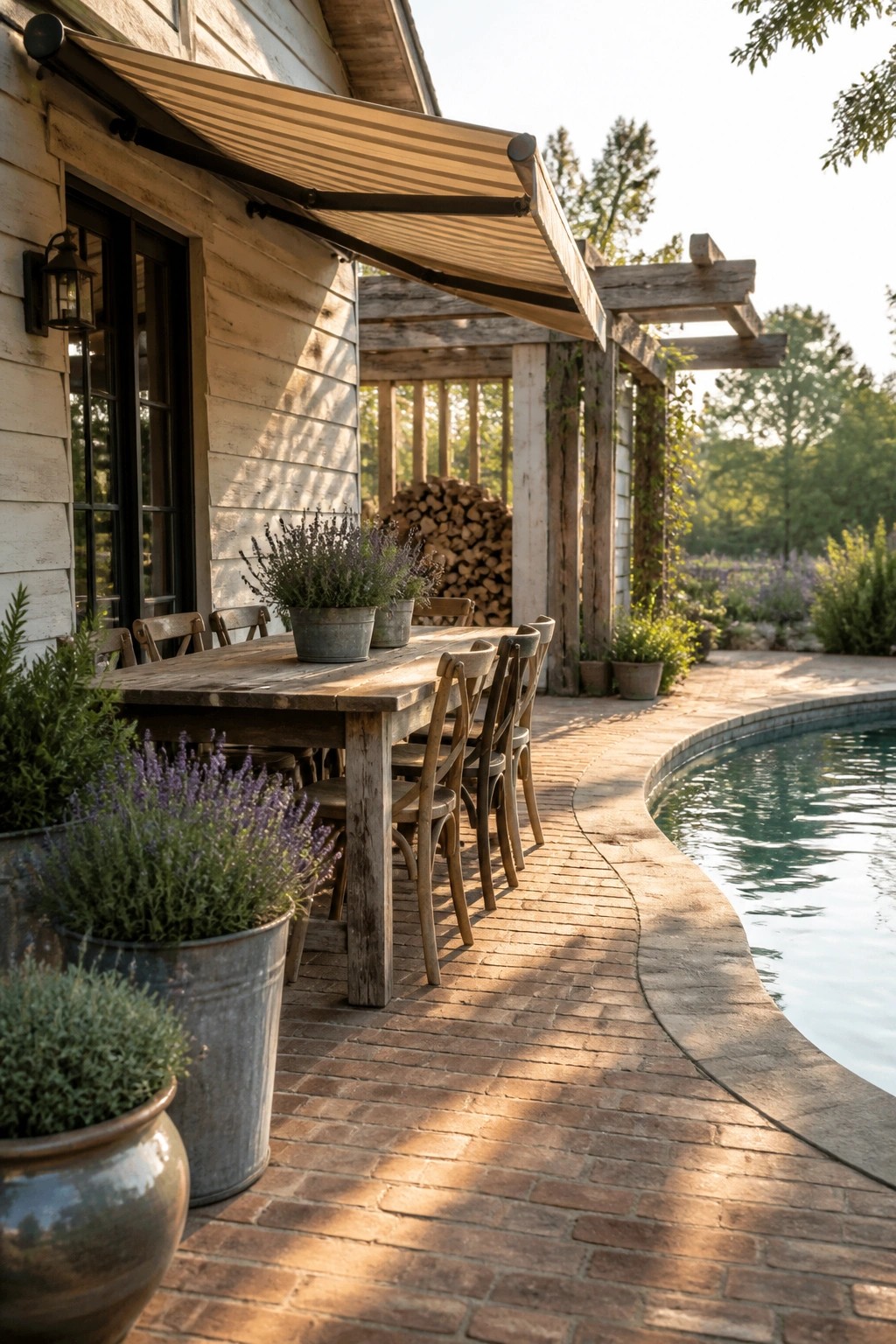 Rustic wooden table and chairs on brick patio beside pool under beige awning with plants