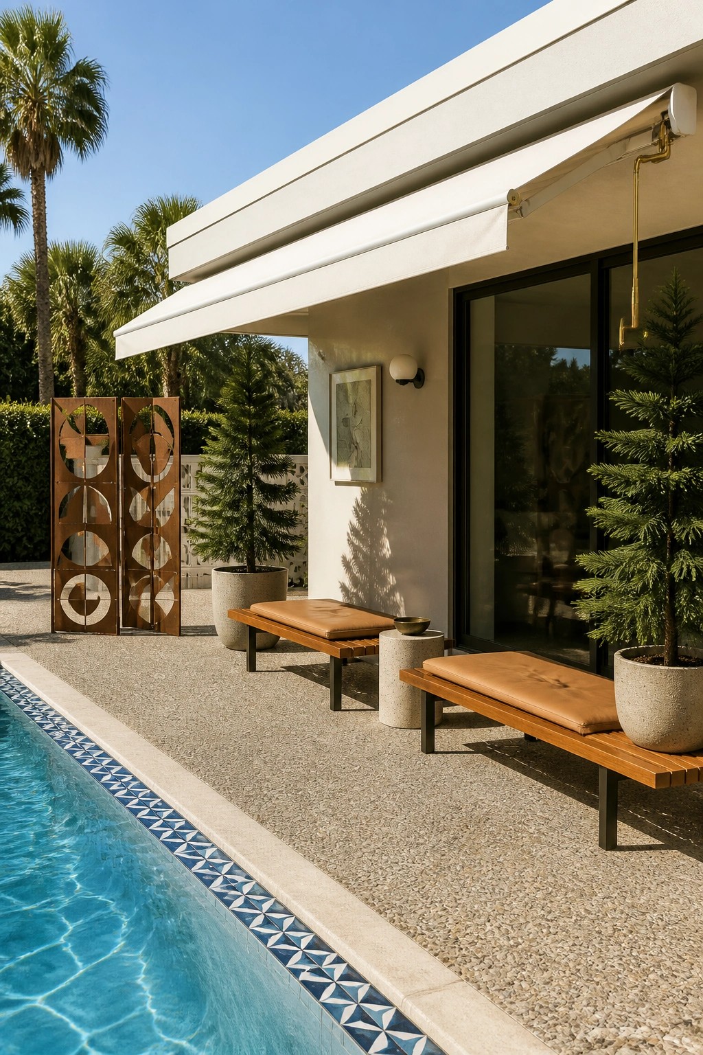 A white retractable awning extended over wooden lounge chairs on a gravel patio next to a swimming pool with potted trees and a decorative screen nearby.