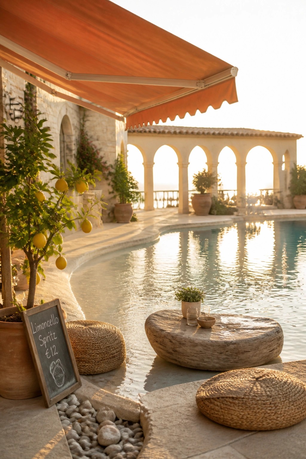A wide orange retractable awning extends over a curved pool deck with woven seating, a stone table, and a potted citrus tree beside the water.