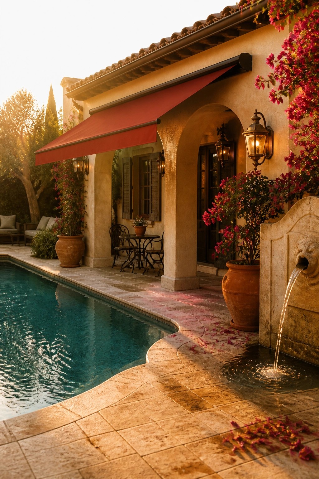 A house exterior with a red retractable awning extended over a stone patio beside a swimming pool, featuring terracotta pots, an arched entry, and a wall fountain.
