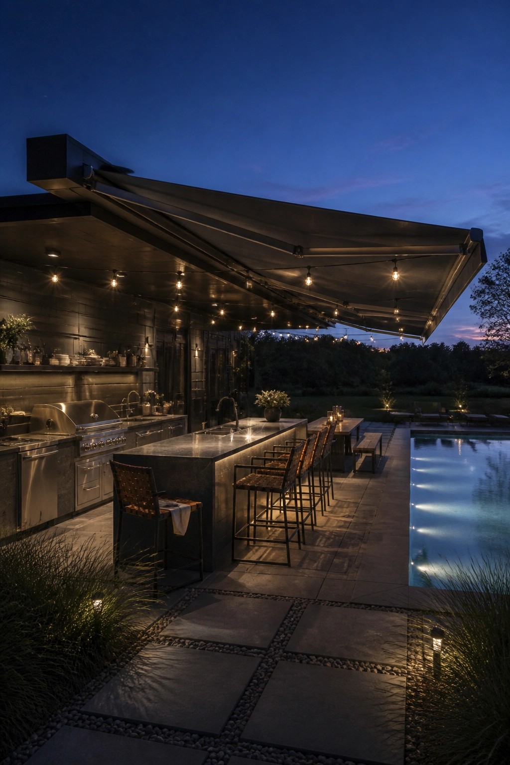 Outdoor kitchen with a large dark retractable awning, stone island, bar stools, and adjacent swimming pool at dusk.