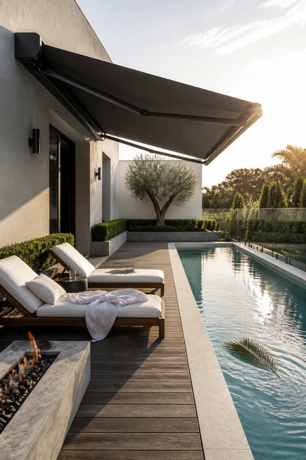 Modern house exterior with a large dark retractable awning extended over a wooden deck beside a long swimming pool, two lounge chairs with white cushions, and a concrete fire pit in the foreground.