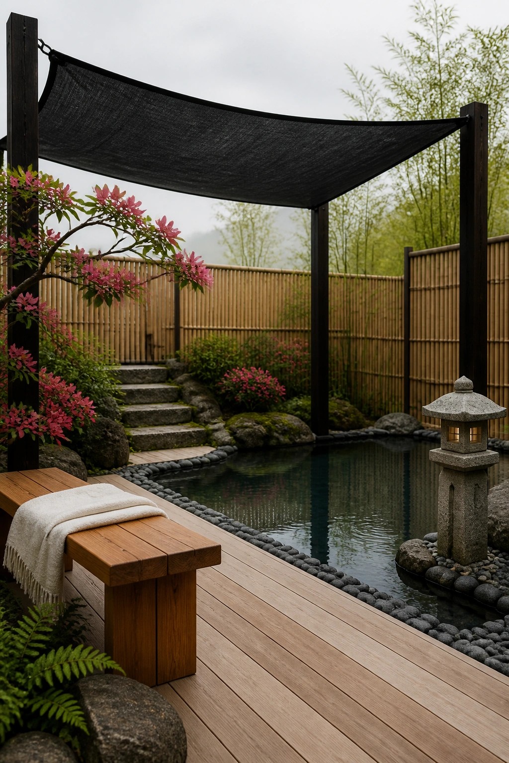 A wooden deck beside a still pool with a black fabric shade sail stretched overhead between dark posts, a stone lantern on the right, and pink flowering shrubs along a bamboo fence in the background.