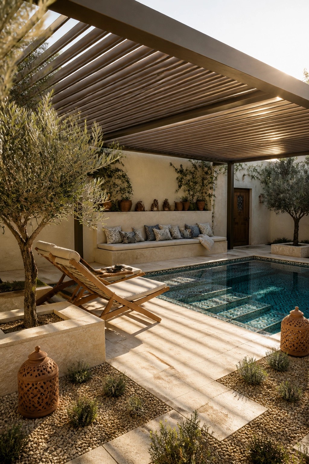 A poolside patio with a slatted overhead awning covering a built-in bench and two lounge chairs beside a rectangular swimming pool.