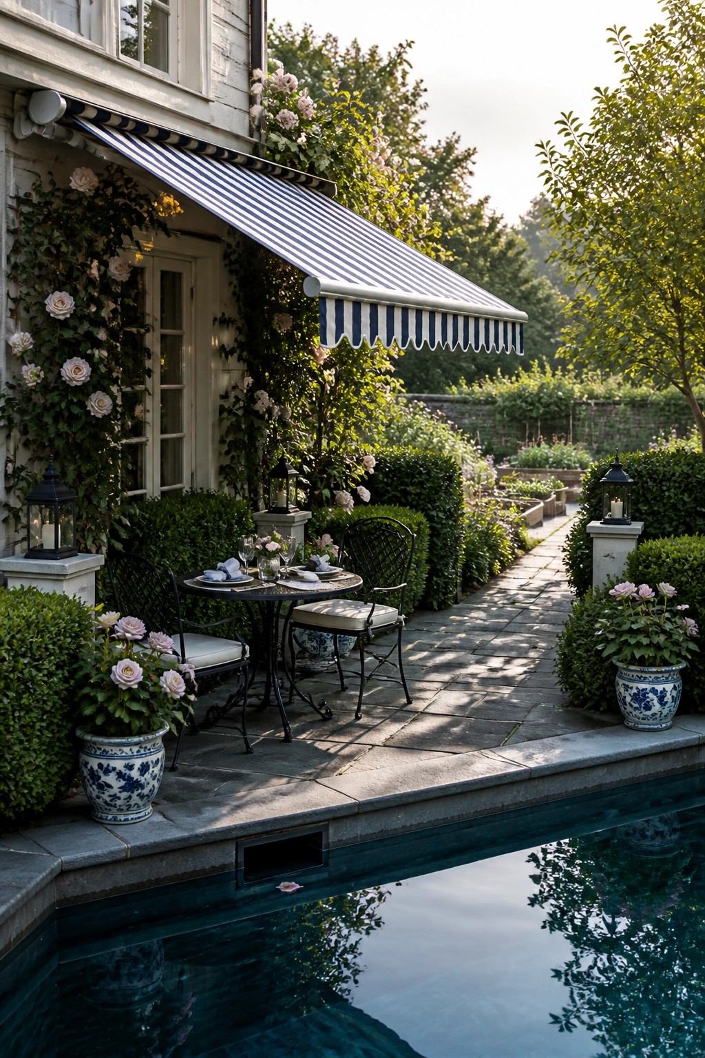 A blue and white striped awning shades a round table with black chairs on a stone patio next to a swimming pool, surrounded by potted roses and lanterns.