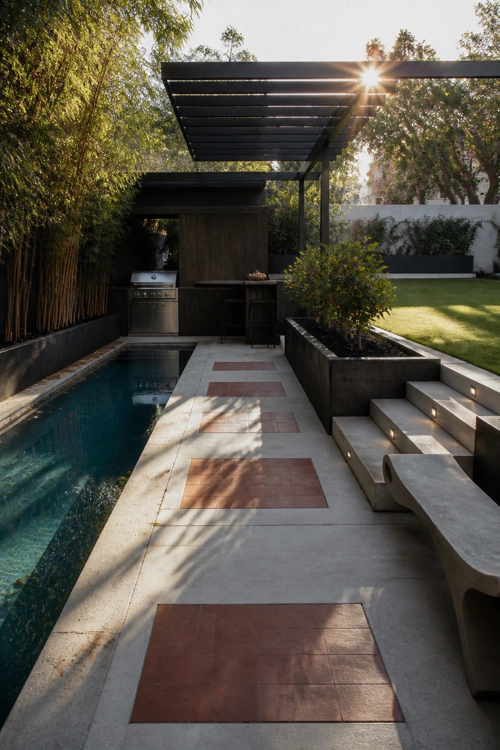 15 Inspiring Backyard Pools With Modern Landscaping for a Designer Feel A modern backyard with a long pool on the left, a concrete walkway with rectangular terracotta tile insets running parallel to it, a dark pergola overhead, an outdoor kitchen, and concrete steps with small lights on the right.