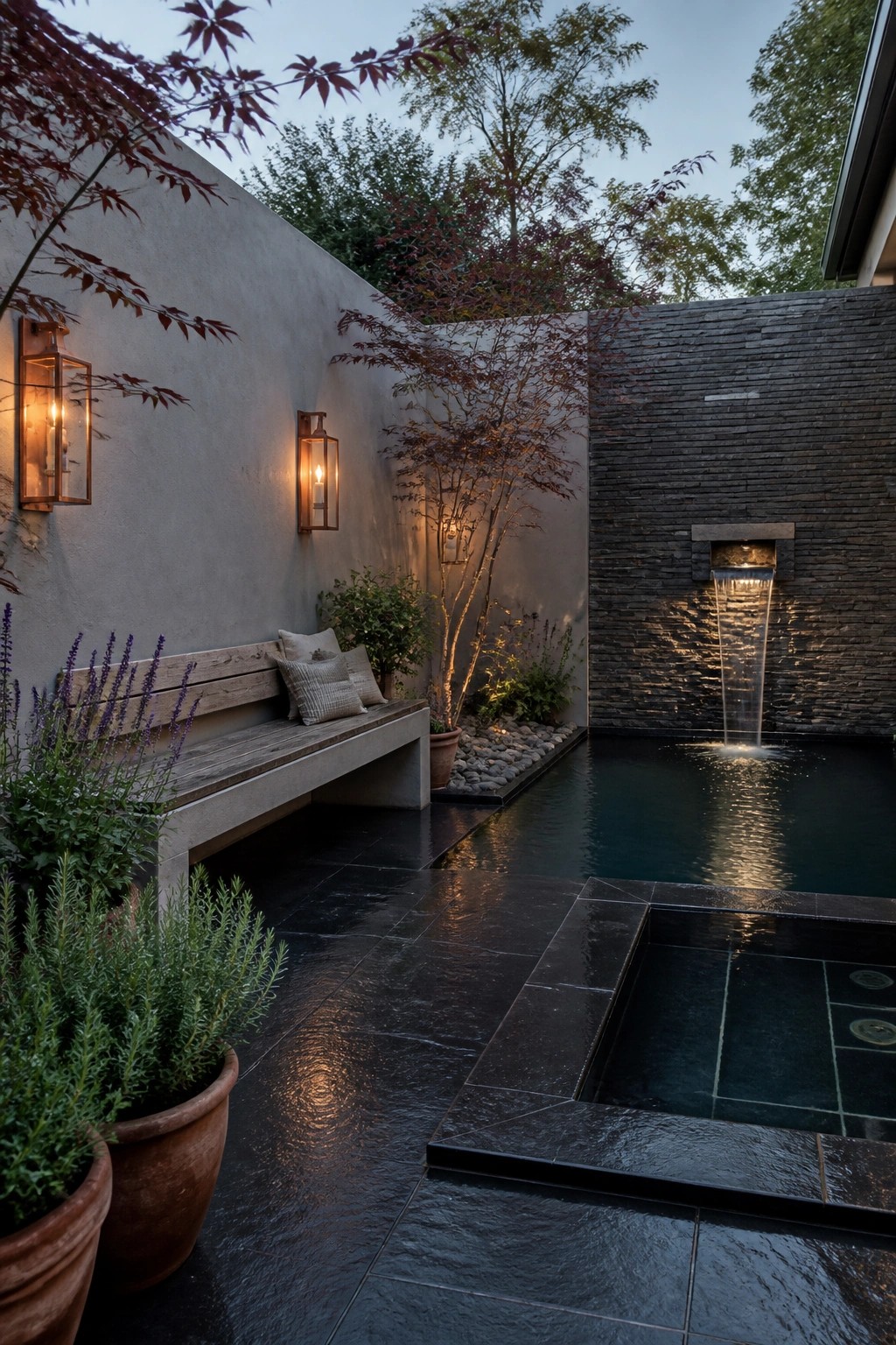 15 Inspiring Backyard Pools With Modern Landscaping for a Designer Feel A modern backyard pool at dusk features a cascading waterfall from a dark stone wall, a wooden bench with cushions against a concrete wall, wall lanterns, and potted plants on dark tile paving.