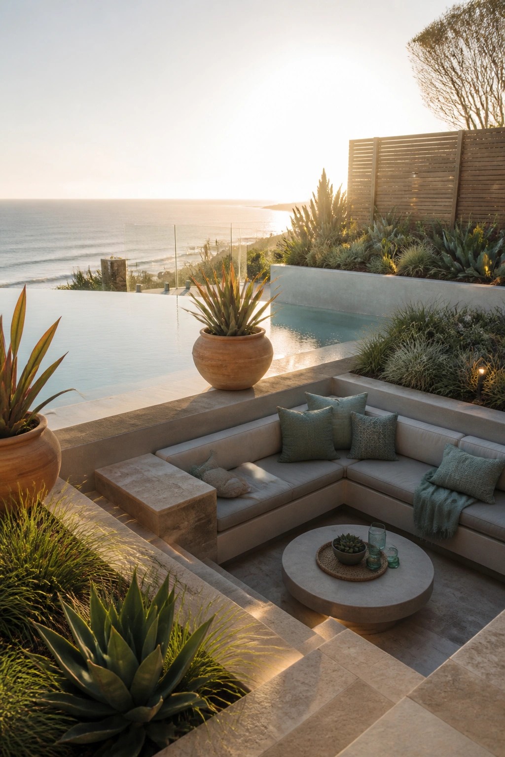 15 Inspiring Backyard Pools With Modern Landscaping for a Designer Feel An outdoor pool deck with built-in concrete L-shaped seating, round coffee table, potted plants, and ocean view.