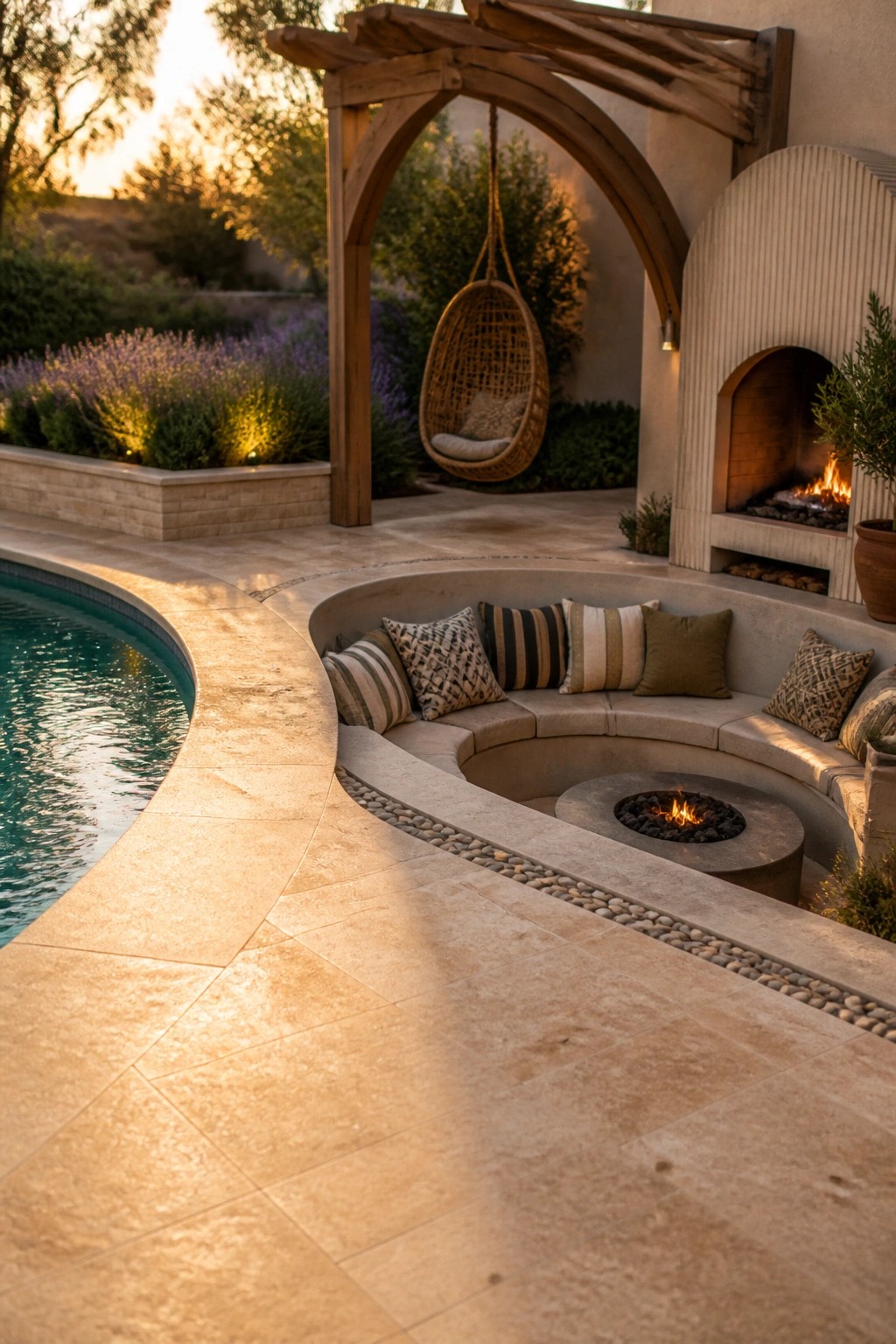 15 Inspiring Backyard Pools With Modern Landscaping for a Designer Feel A backyard scene shows a curved concrete bench with pillows surrounding a round fire pit next to a swimming pool, with a hanging chair and an outdoor fireplace in the background.