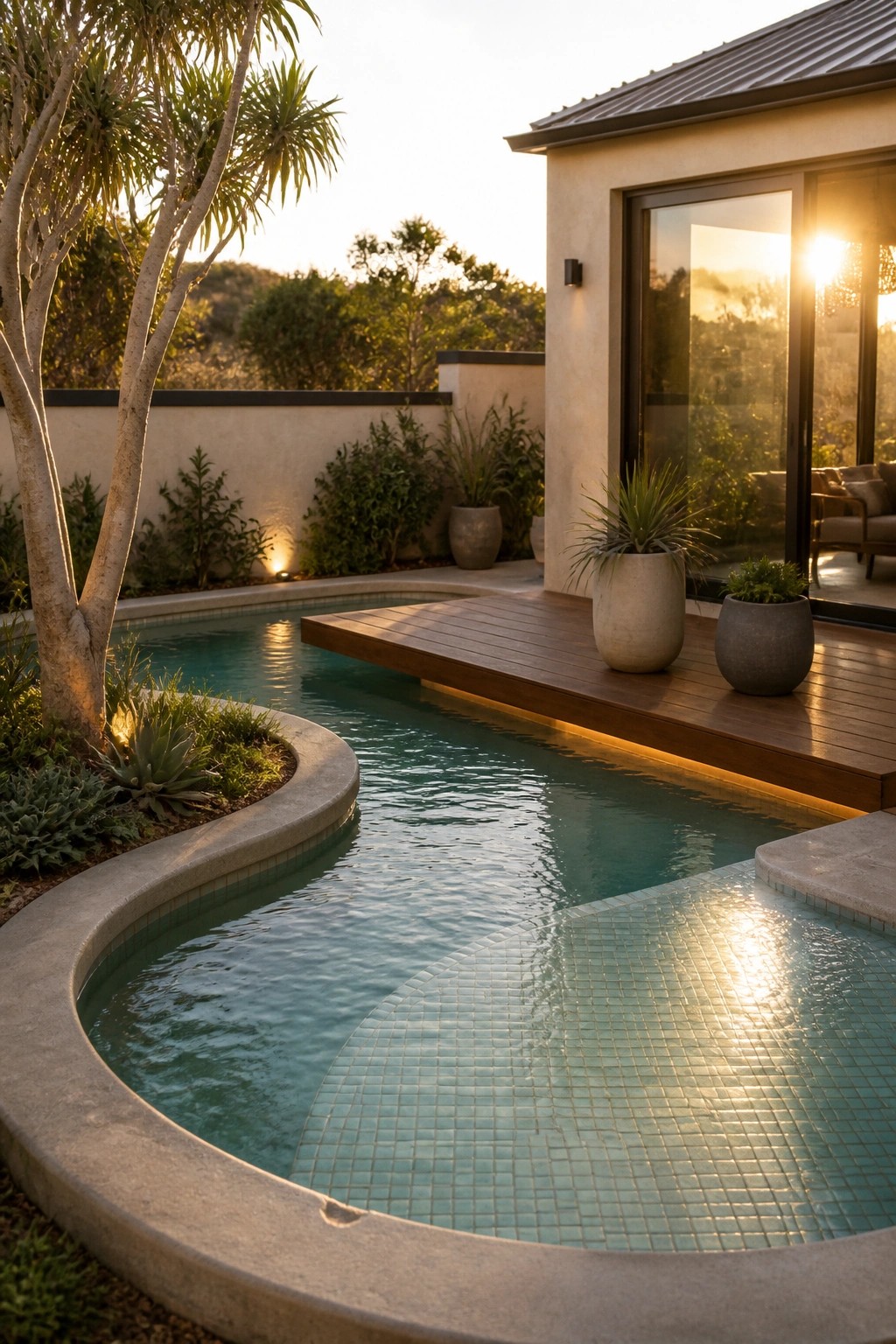 15 Inspiring Backyard Pools With Modern Landscaping for a Designer Feel A curved backyard pool with a wooden deck extending over the water and several large potted plants placed along the edge.