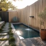 A narrow rectangular pool with a wall-mounted water spout, bordered by large stone pavers with grass between them and a wooden bench on one side.