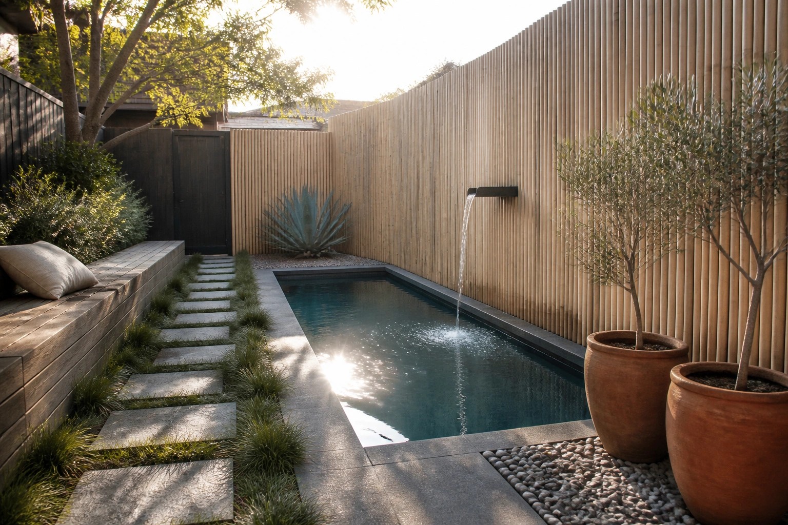 15 Inspiring Backyard Pools With Modern Landscaping for a Designer Feel A narrow rectangular pool with a wall-mounted water spout, bordered by large stone pavers with grass between them and a wooden bench on one side.