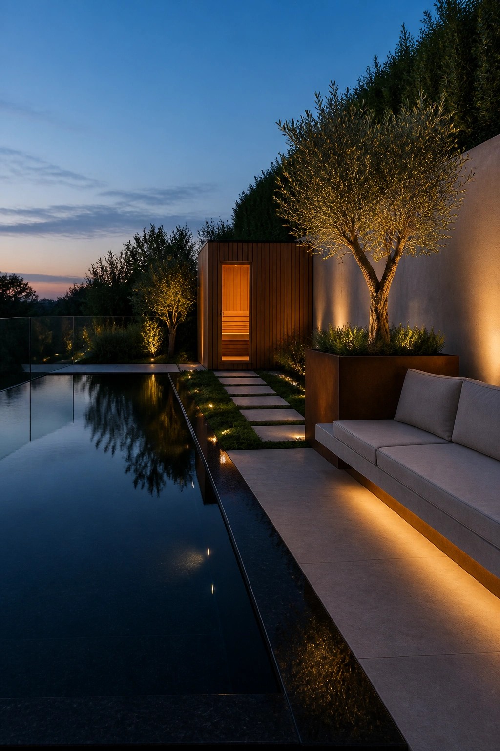 15 Inspiring Backyard Pools With Modern Landscaping for a Designer Feel Modern pool at dusk with glowing wooden sauna, lit olive tree, and outdoor sofa