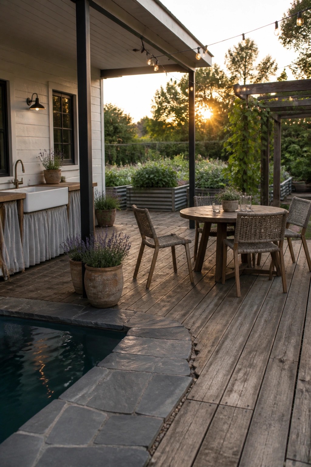 15 Inspiring Backyard Pools With Modern Landscaping for a Designer Feel A backyard pool with wooden decking meeting a stone coping, a round dining table with woven chairs placed near the water, and a white house with an outdoor sink along the side.