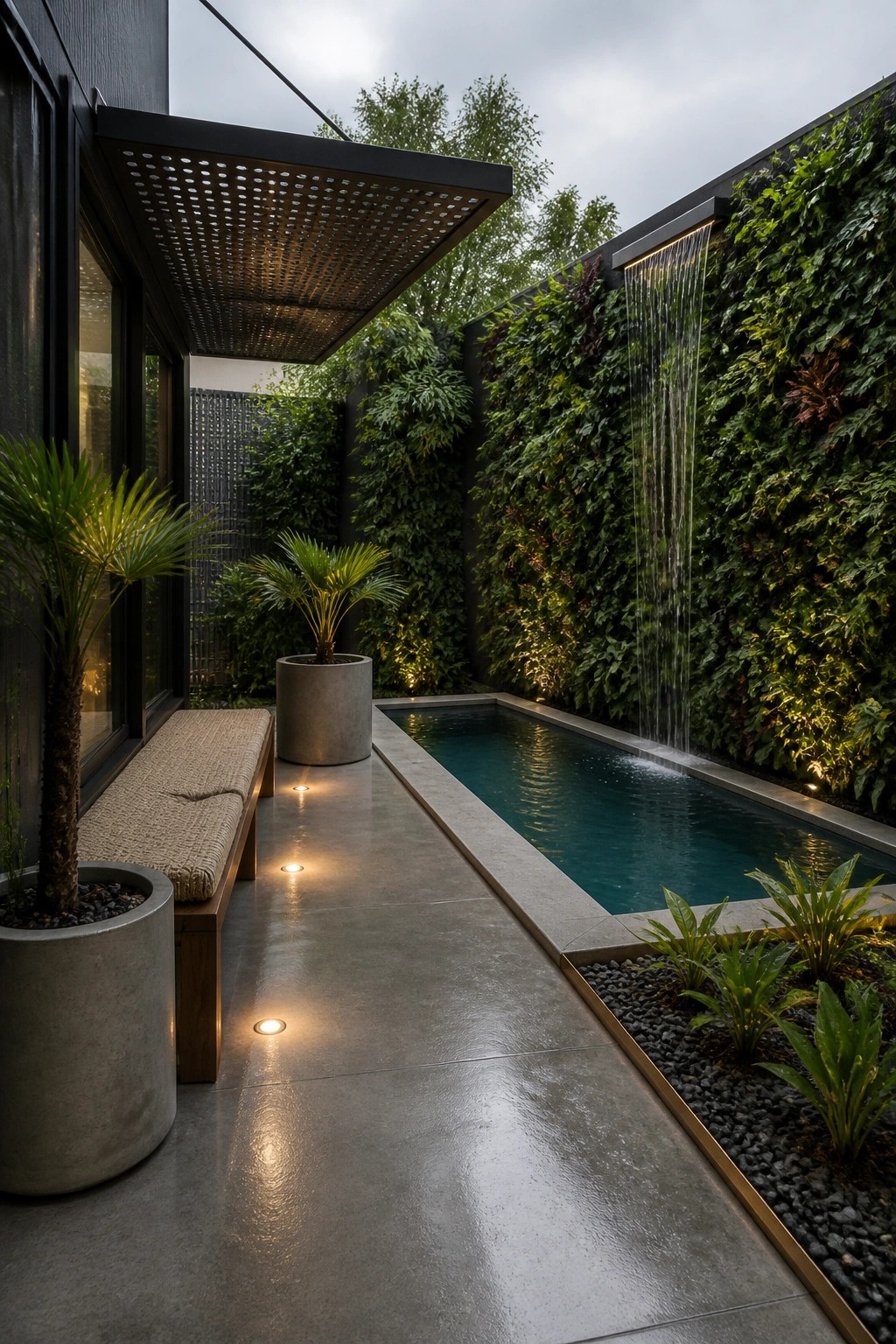 15 Inspiring Backyard Pools With Modern Landscaping for a Designer Feel A narrow modern pool runs alongside a tall living wall with a cascading water feature, concrete decking, recessed lights, and potted palms nearby.