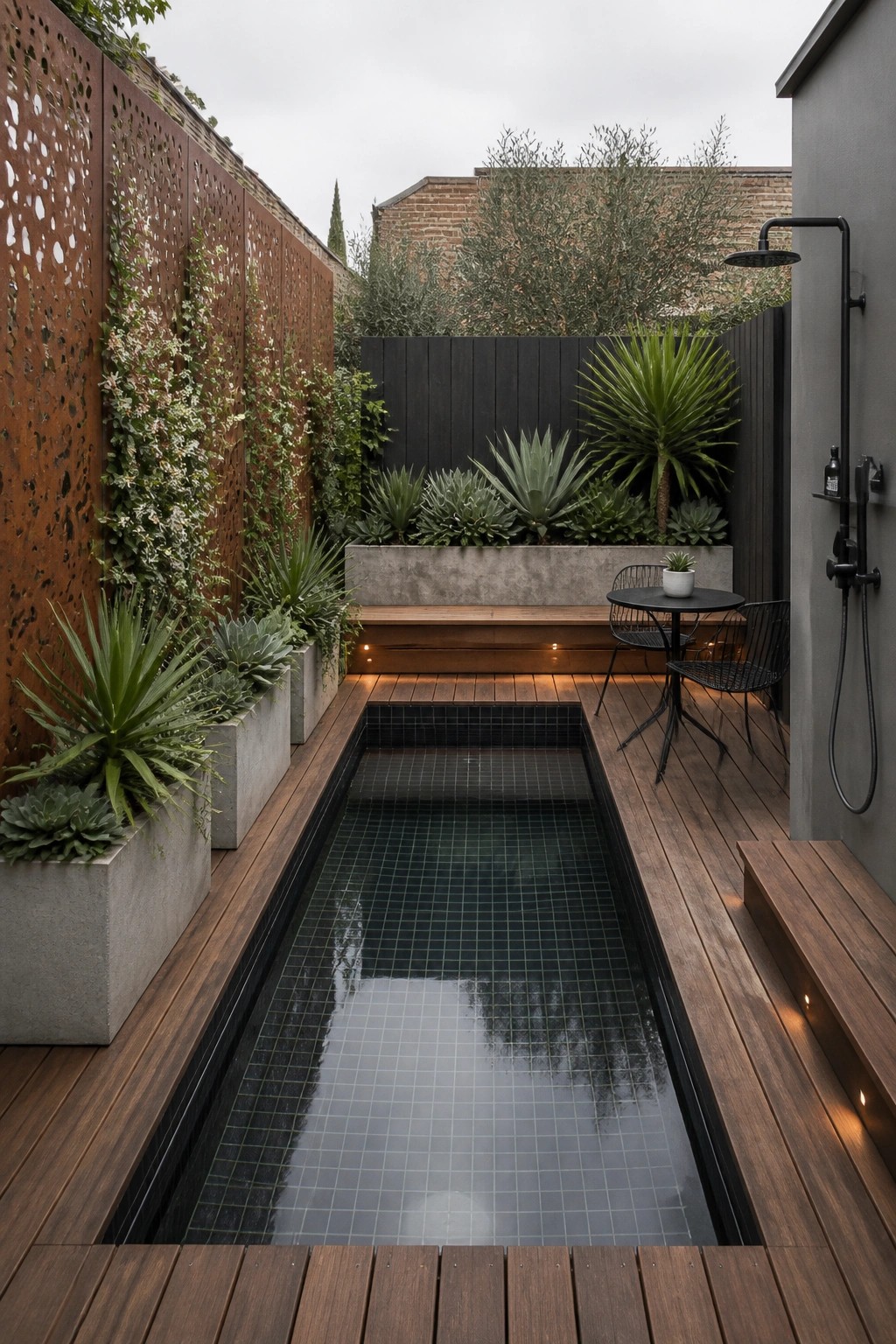 15 Inspiring Backyard Pools With Modern Landscaping for a Designer Feel A long narrow pool set into a wooden deck, lined with concrete planters holding agave and other plants, with a small seating set and an outdoor shower on the right wall.