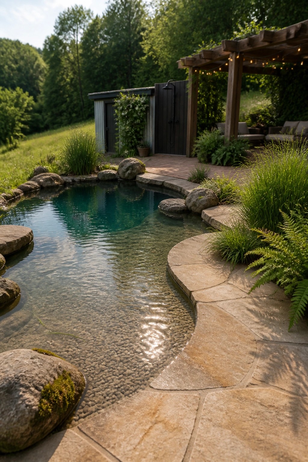 15 Inspiring Backyard Pools With Modern Landscaping for a Designer Feel A backyard swimming pool with clear water over a pebble bottom, edged by large rocks and irregular stone pavers, surrounded by green plants and a wooden pergola.
