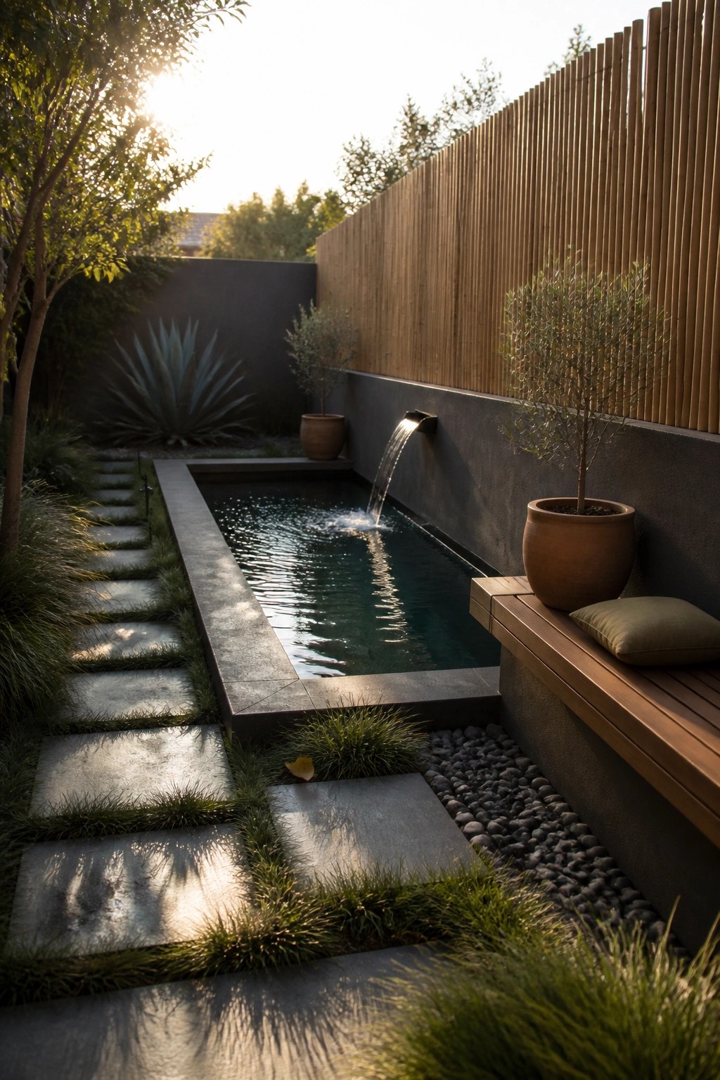 15 Inspiring Backyard Pools With Modern Landscaping for a Designer Feel A narrow rectangular pool with a wall-mounted water spout, bordered by large stone pavers with grass between them and a wooden bench on one side.
