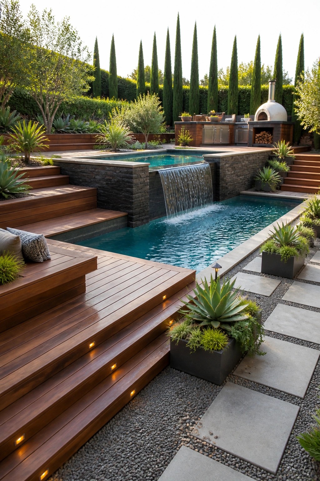 15 Inspiring Backyard Pools With Modern Landscaping for a Designer Feel A backyard pool with a waterfall spilling from an upper deck, surrounded by multi-level wooden decking with lit steps, stone pavers, gravel, and tall cypress trees.