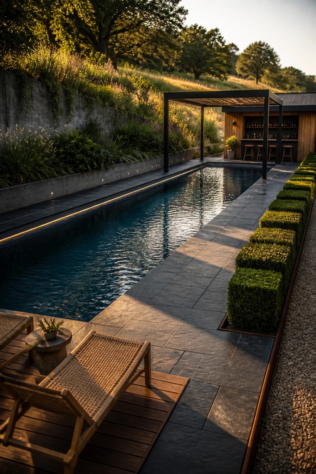 15 Inspiring Backyard Pools With Modern Landscaping for a Designer Feel Modern lap pool with stone deck, lounge chairs, pergola, and outdoor bar at sunset