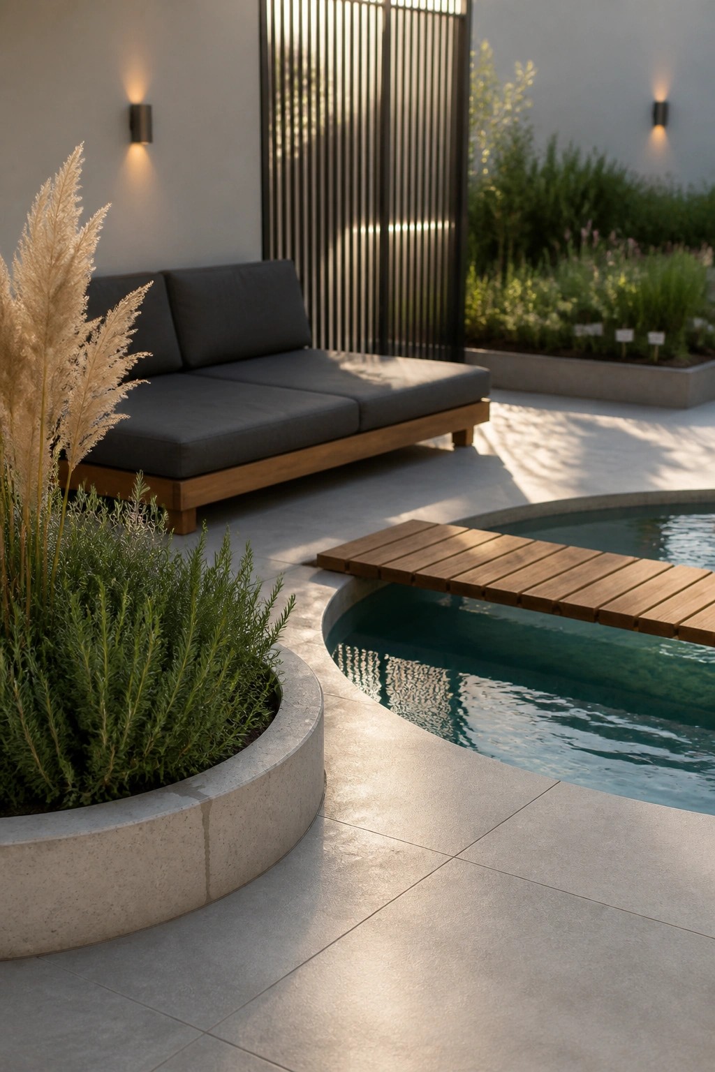 15 Inspiring Backyard Pools With Modern Landscaping for a Designer Feel A modern backyard pool with a wooden deck extending over part of the circular water, a gray outdoor sofa nearby, and concrete planters holding tall grasses.