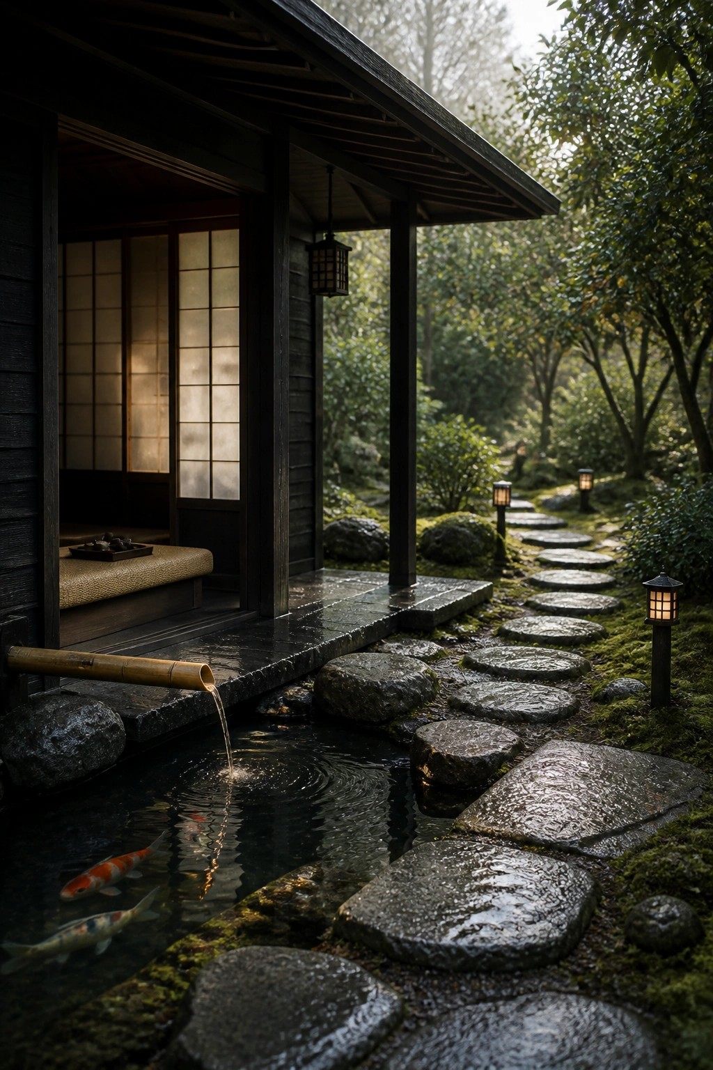 A dark wooden Japanese-style pavilion with an open porch sits beside a koi pond, with stone stepping stones leading through a mossy garden.