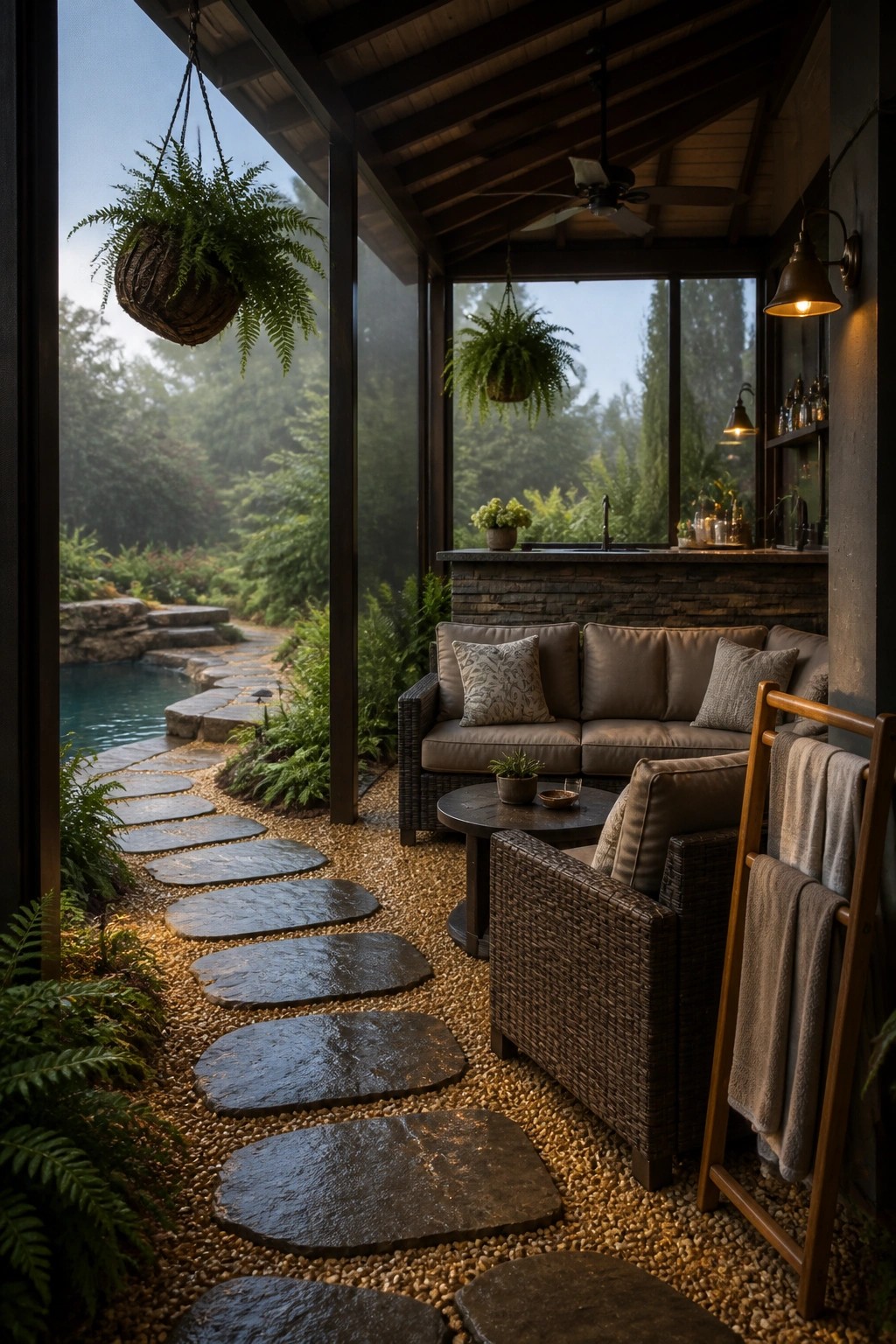 Covered outdoor pavilion with stone bar counter, brown wicker sofa and armchair, round table, hanging ferns, and stone path leading to a pool.