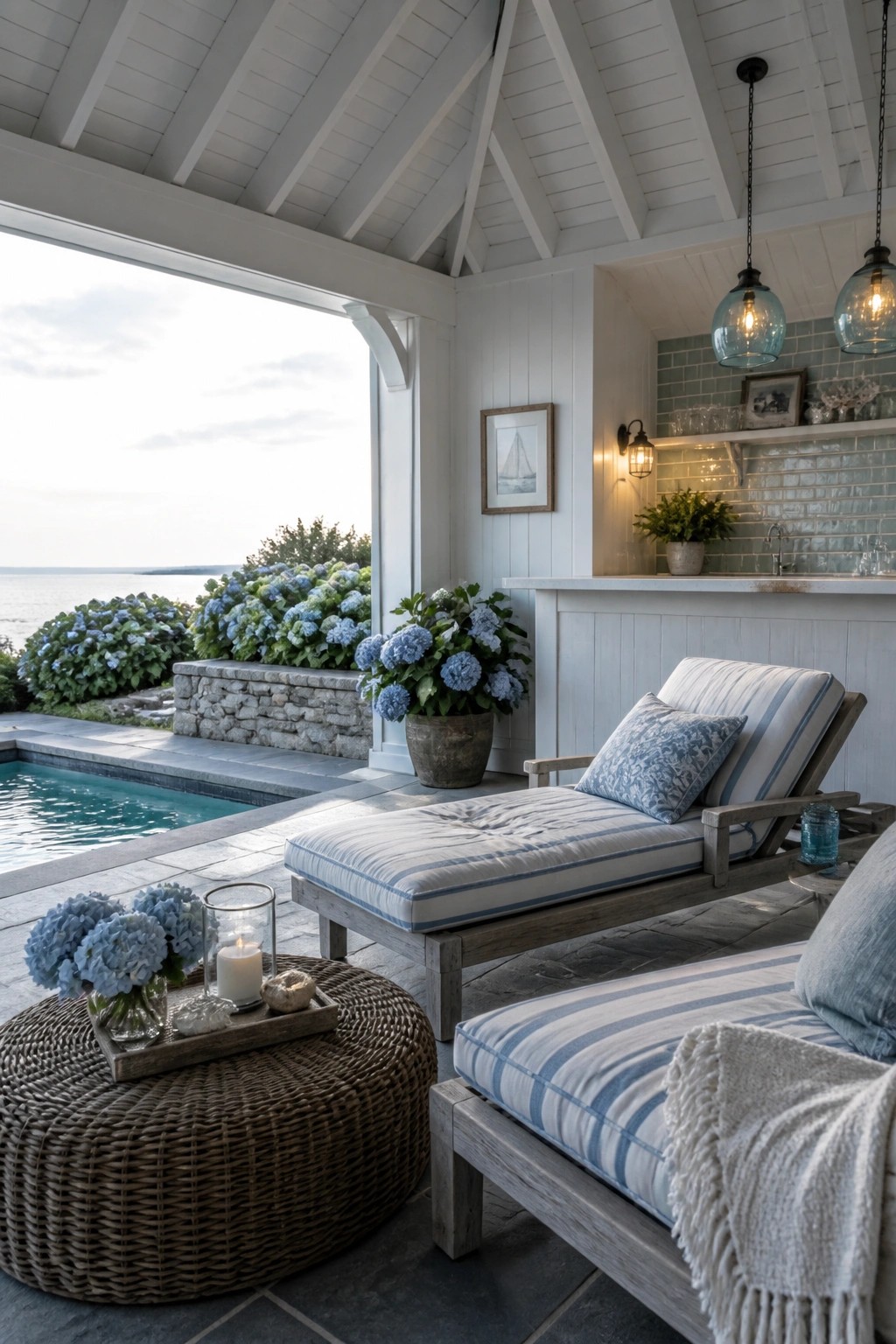 Coastal porch with blue-striped loungers, hydrangeas, wicker ottoman, pool, and ocean view.