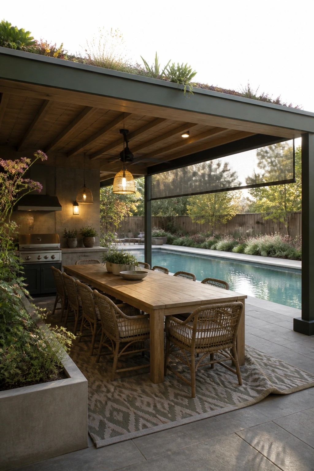 A long wooden dining table with woven chairs sits under a covered pavilion with a green roof beside a swimming pool.