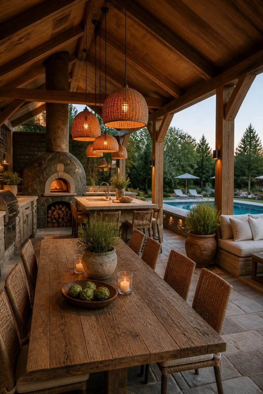 A wooden poolside pavilion with a long dining table, woven pendant lights, a stone pizza oven, and an open view of the swimming pool.