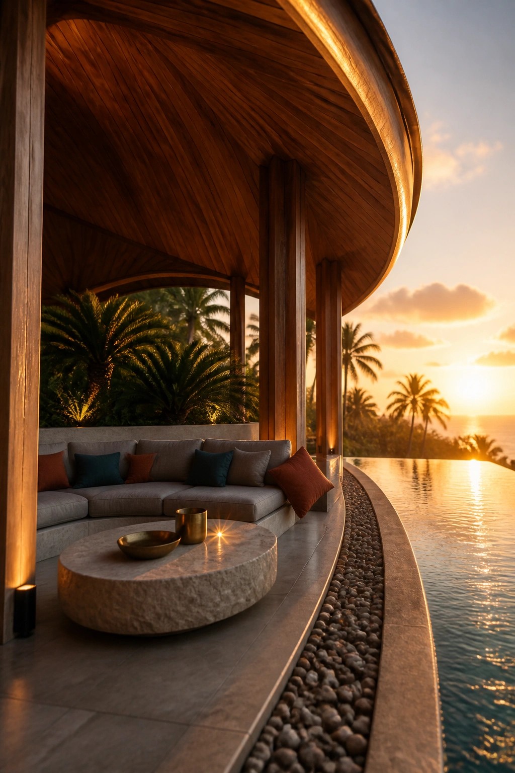 A curved wooden pavilion roof covers a gray sectional sofa and round stone table beside an infinity pool with palm trees in the background at sunset.