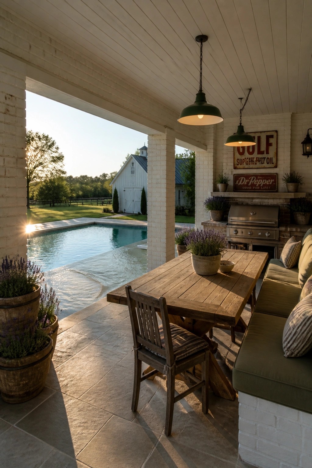 Covered outdoor patio with wooden table, bench seating, and hanging lights next to a swimming pool, with a white barn and trees in the background.