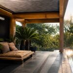 A covered wooden pool pavilion with a slatted roof, daybed, and large potted plants next to a swimming pool at sunset.
