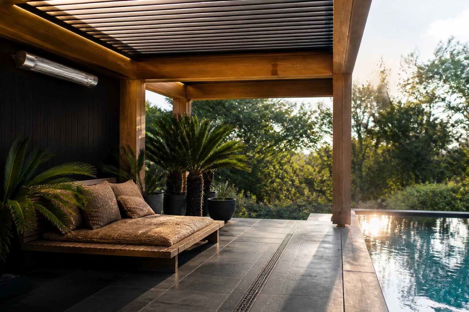 A covered wooden pool pavilion with a slatted roof, daybed, and large potted plants next to a swimming pool at sunset.