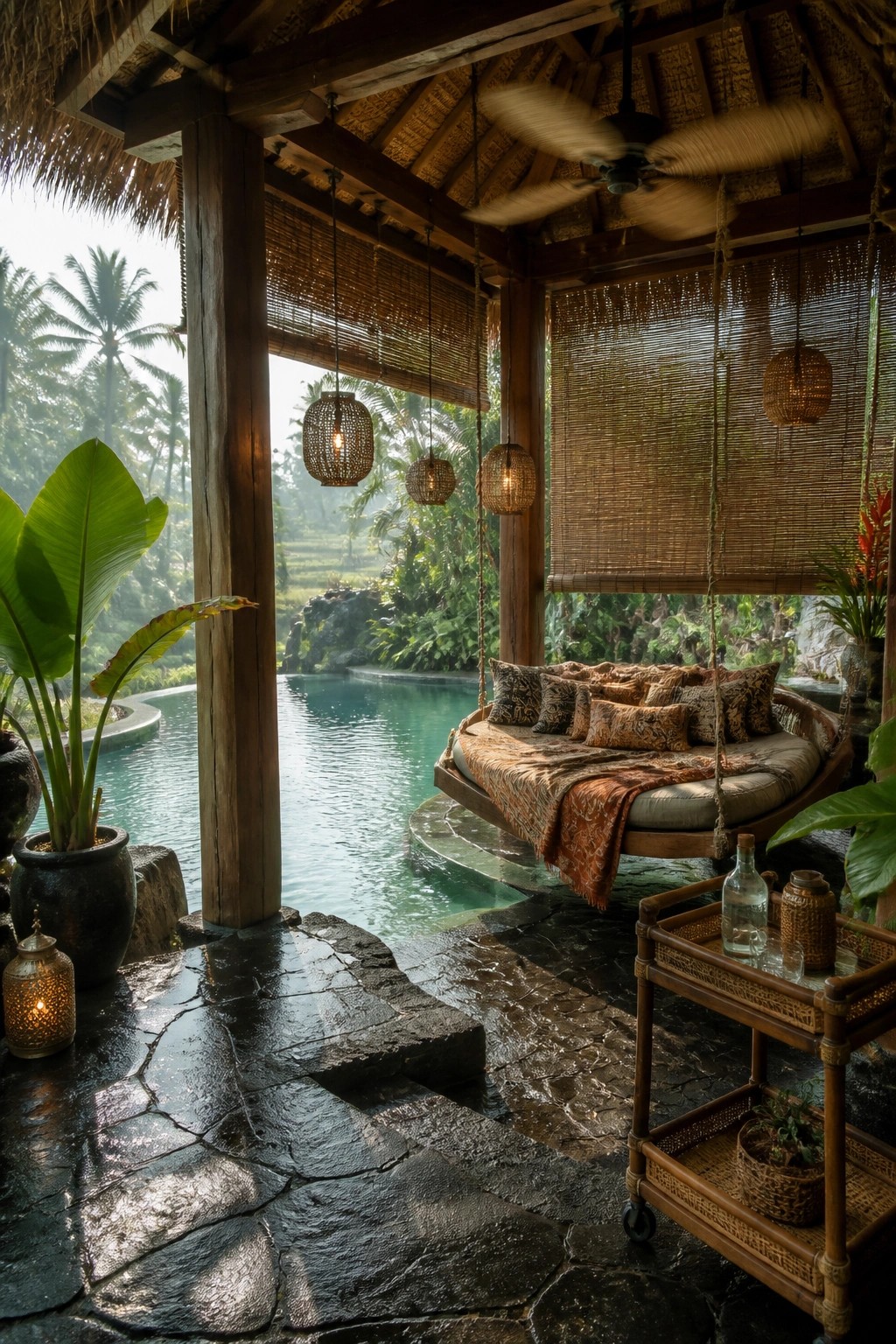 A wooden poolside pavilion with a large hanging daybed, woven blinds, hanging lanterns, and a stone floor next to a turquoise pool.