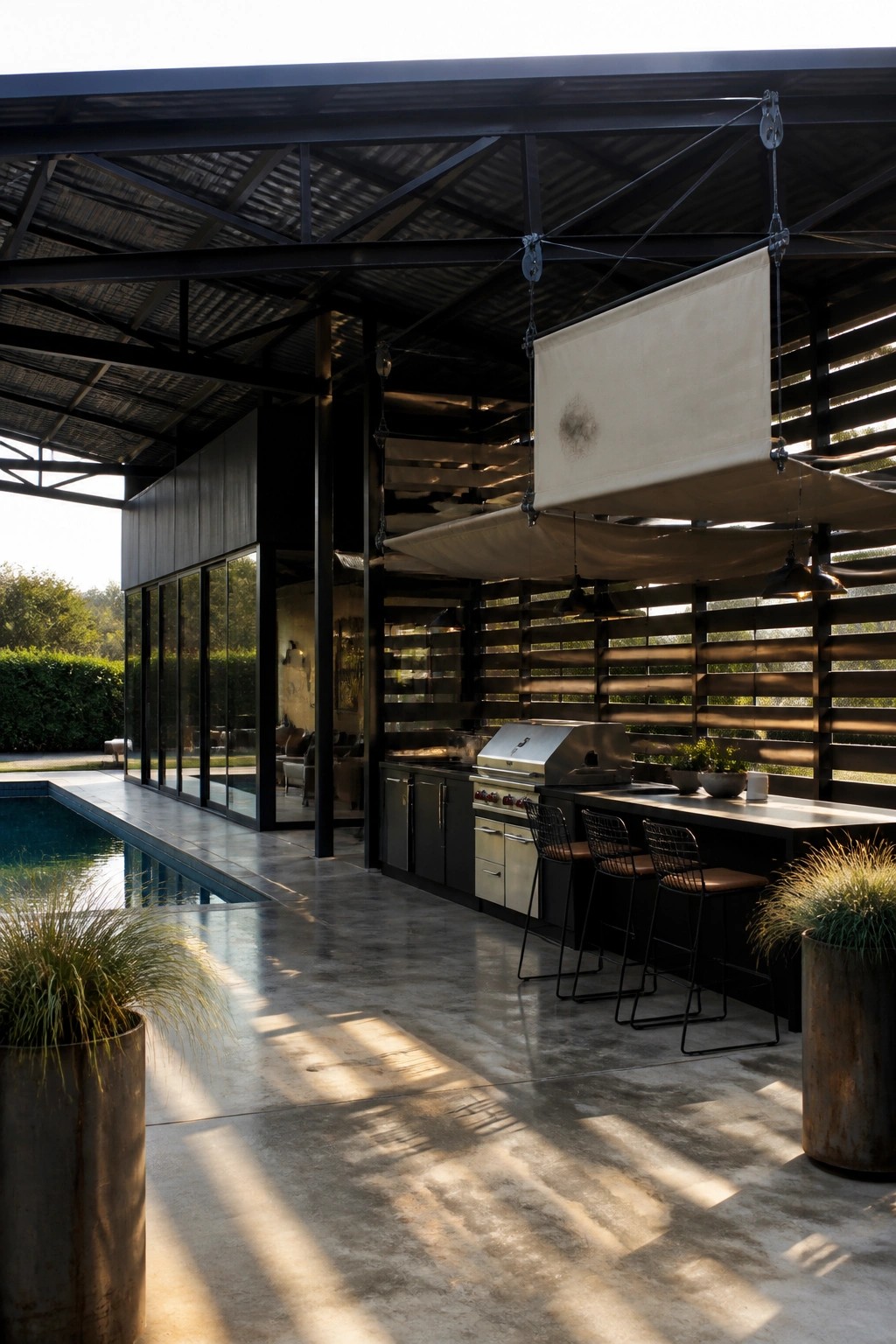 Modern outdoor kitchen with grill, bar stools, hanging shades beside pool